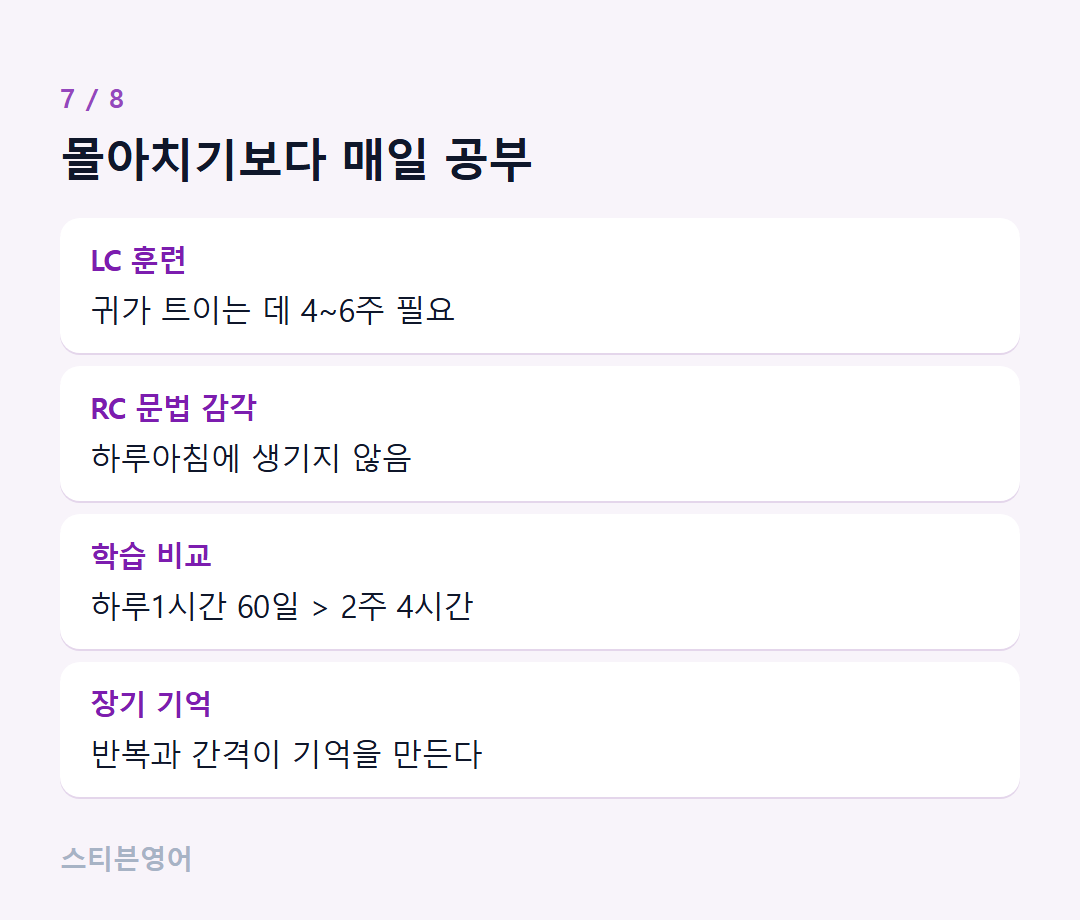 몰아치기보다 매일 공부 — LC 훈련, RC 문법 감각, 학습 비교, 장기 기억