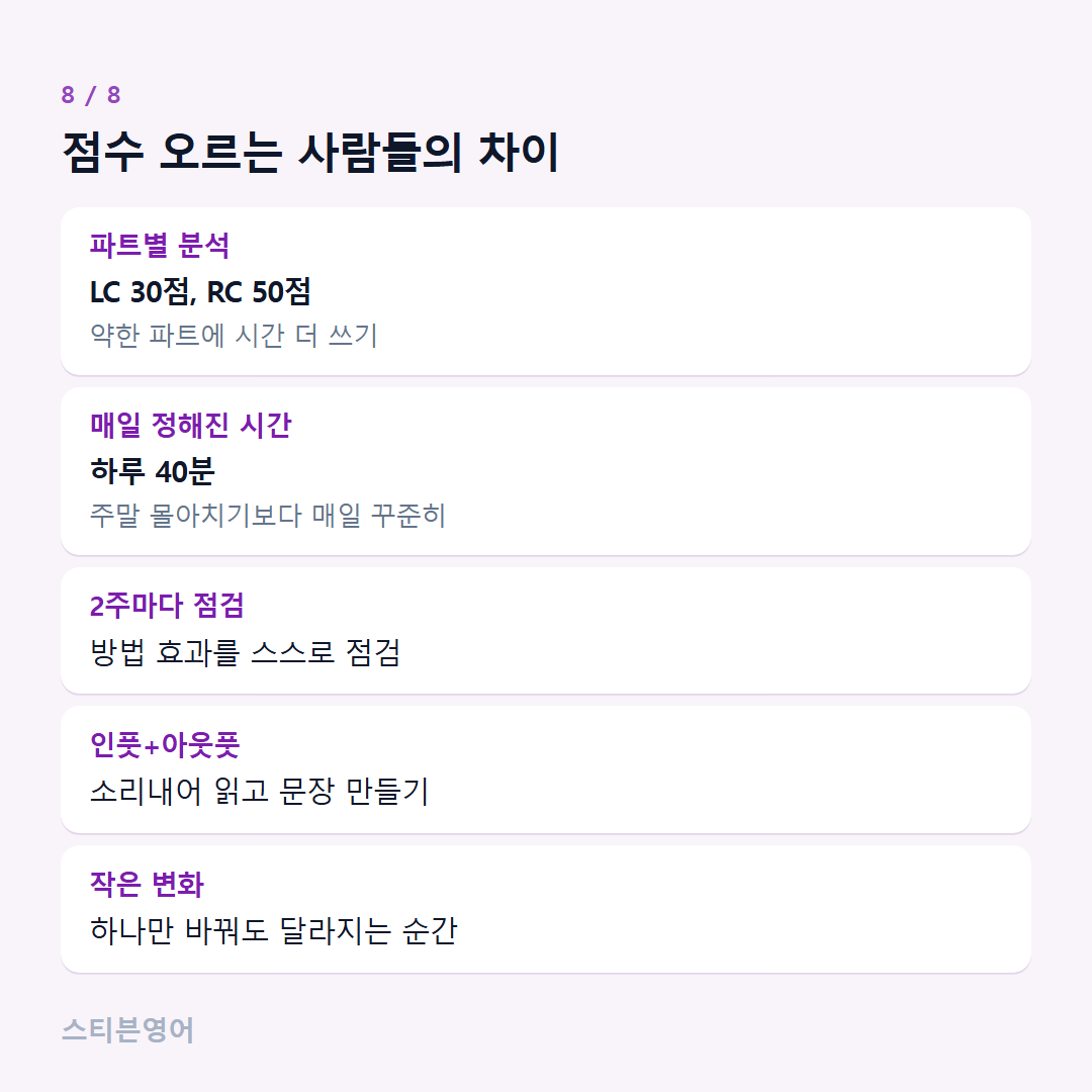 점수 오르는 사람들의 차이 — 파트별 분석, 매일 정해진 시간, 2주마다 점검, 인풋+아웃풋, 작은 변화