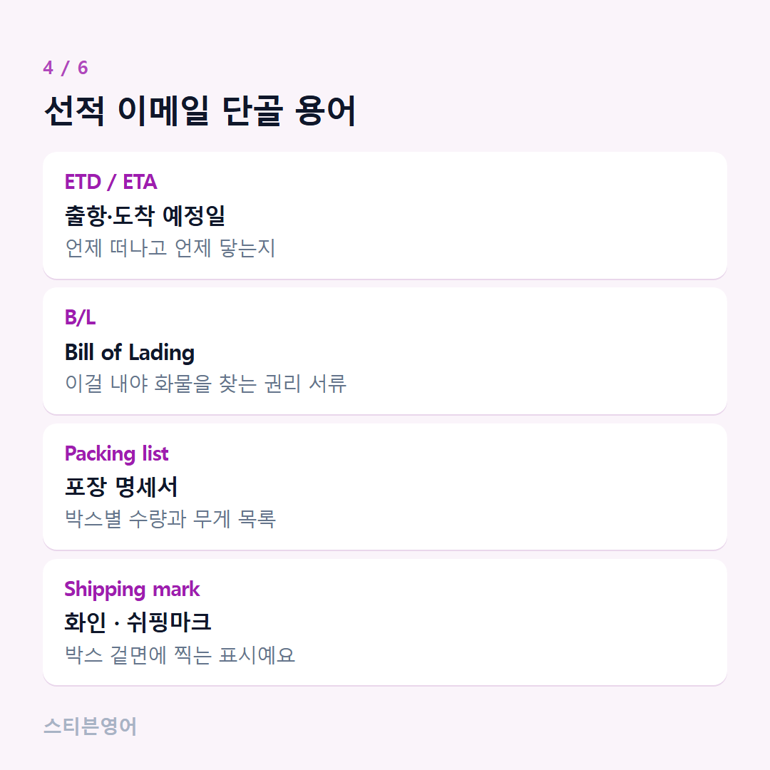 선적 이메일 단골 용어 — ETD / ETA, B/L, Packing list, Shipping mark