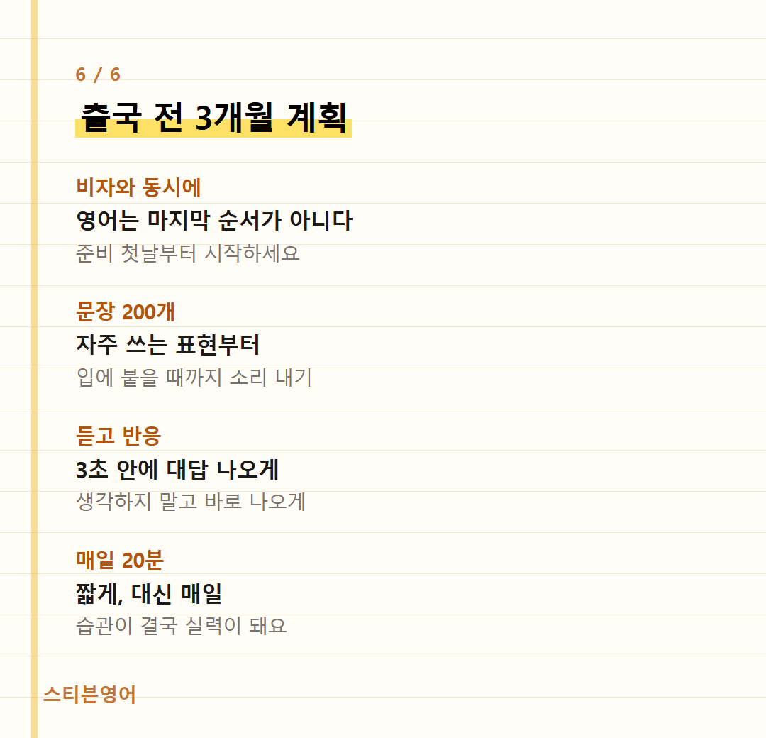 출국 전 3개월 계획 — 비자와 동시에, 문장 200개, 듣고 반응, 매일 20분