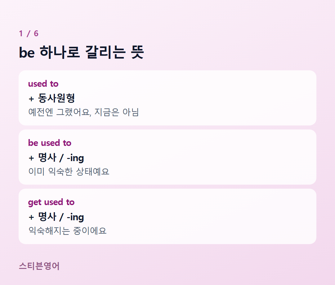 be 하나로 갈리는 뜻 — used to, be used to, get used to