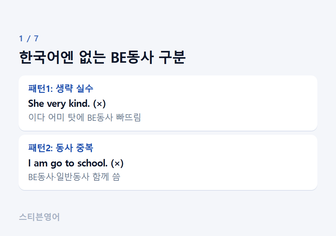 한국어엔 없는 BE동사 구분 — 패턴1: 생략 실수, 패턴2: 동사 중복