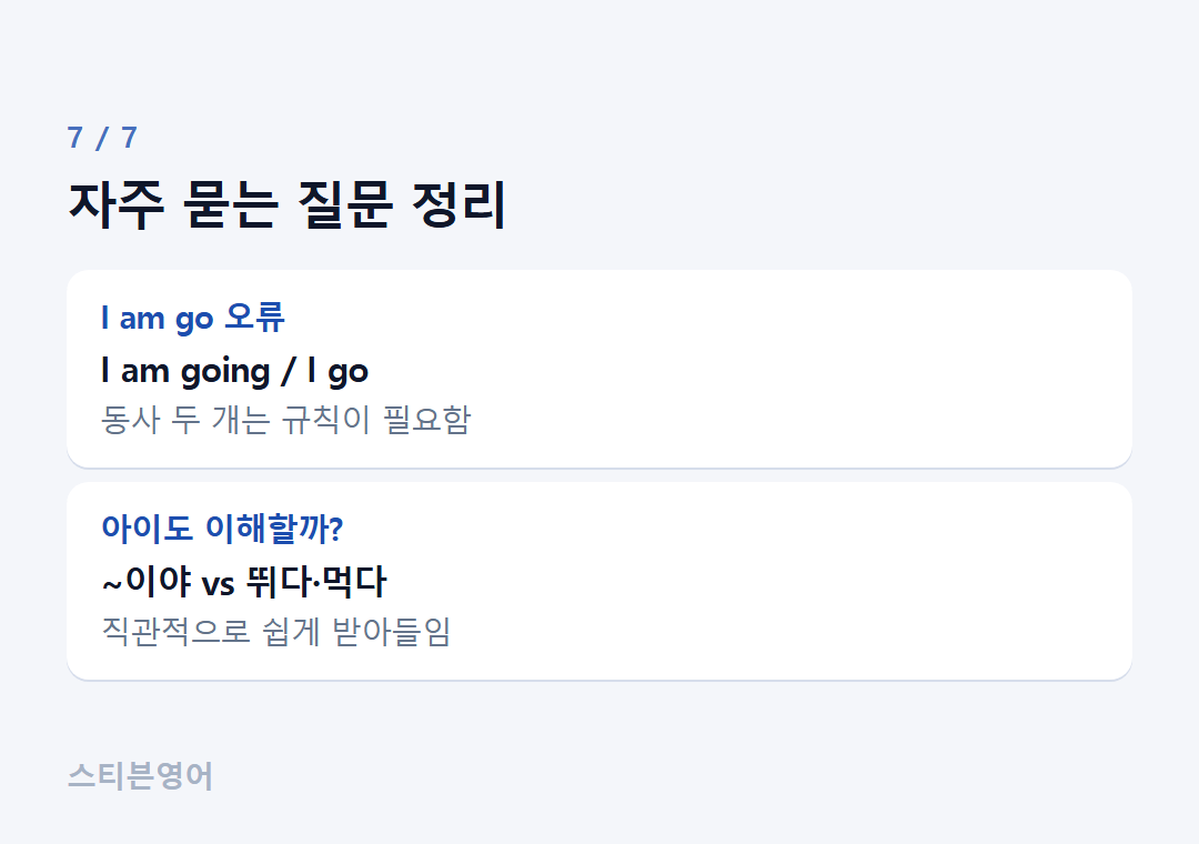 자주 묻는 질문 정리 — I am go 오류, 아이도 이해할까?