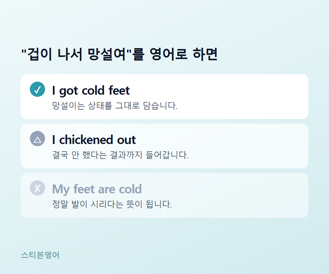 I got cold feet / I chickened out / My feet are cold