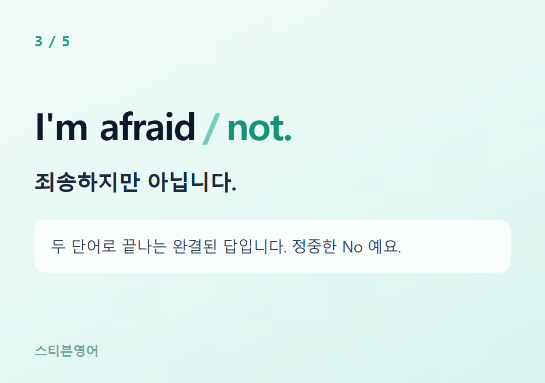 I'm afraid not. — 죄송하지만 아닙니다.