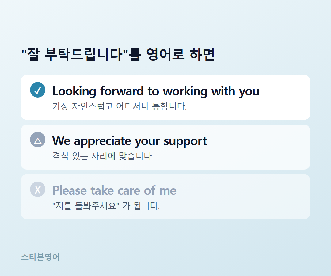 Looking forward to working with you / We appreciate your support / Please take care of me