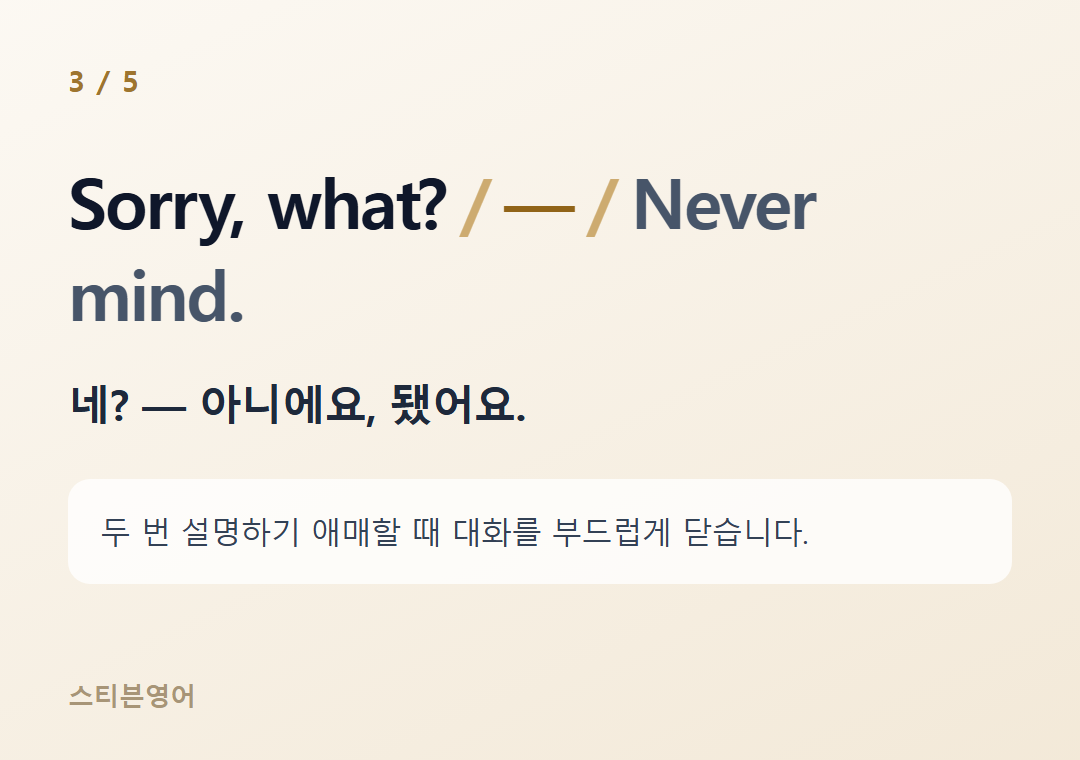 Sorry, what? — Never mind. — 네? — 아니에요, 됐어요.